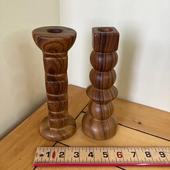 Brown Ceramic Taper Candle Holders Vintage Set of 2 Wood-Look Glaze 8" Tall - Picture 5 of 6
